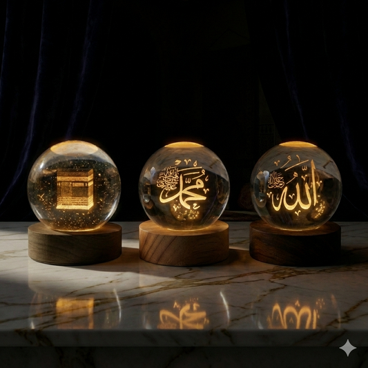 3D Islamic Crystal Ball Lamp Set (Allah, Muhammad & Kaaba) β Pack of 3
