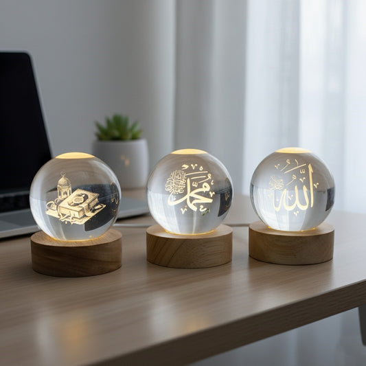 3D Islamic Allah Muhammad & Quran Crystal Ball Lamp (Pack of 3)